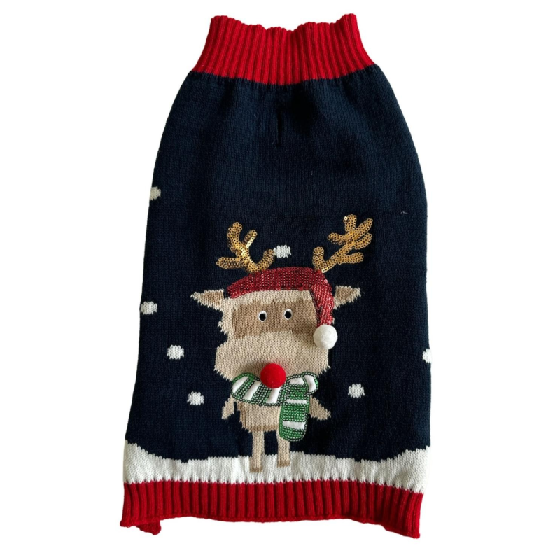Pull Noël Bleu Brodé Renne Noël - XMAS pour chiens