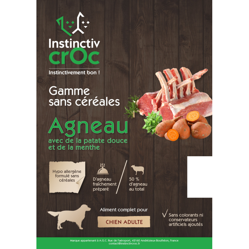 Croquettes sans céréales à l'agneau pour chien INSTINCTIV CROC