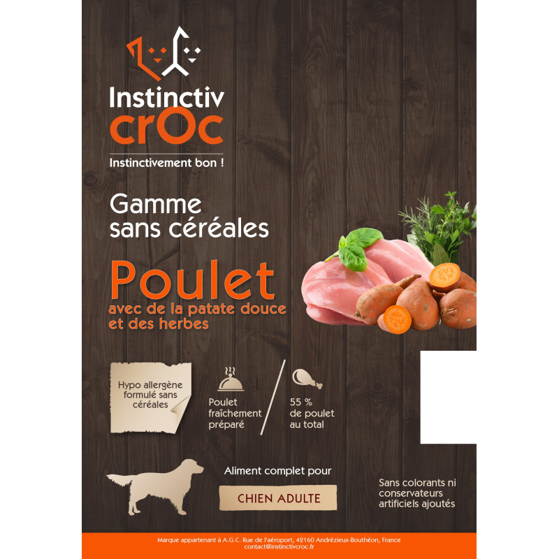 Croquettes sans céréales au poulet pour chien - INSTINCTIV CROC