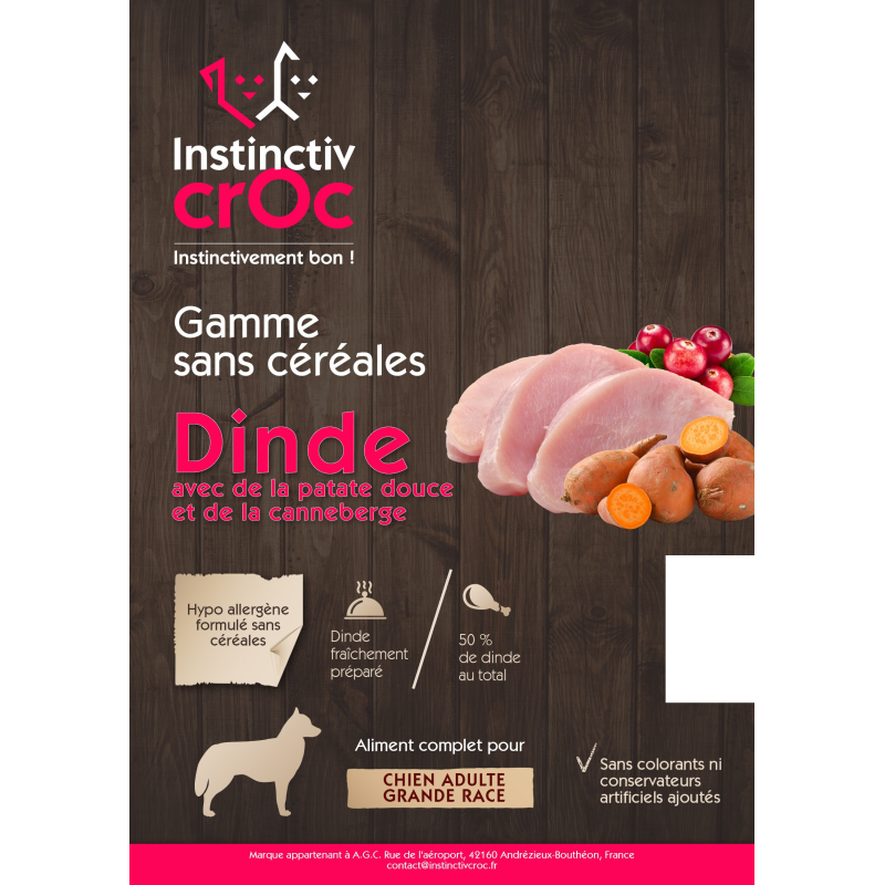 Croquettes sans céréales à la dinde pour chien de grande race - Instinctiv Croc