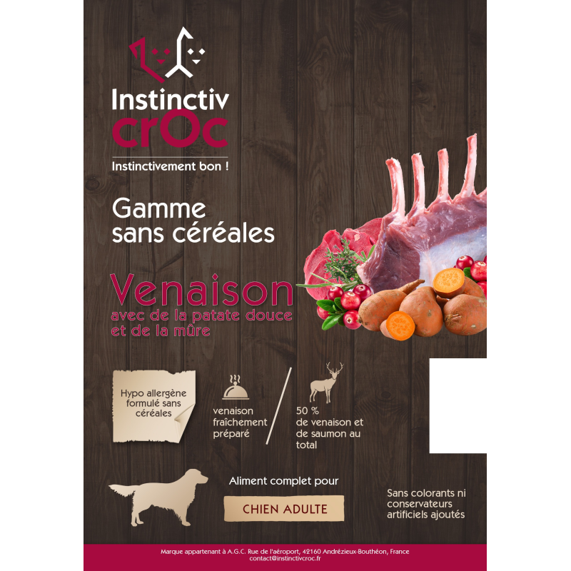 Croquettes sans céréales au venaison pour chien - INSTINCTIV CROC