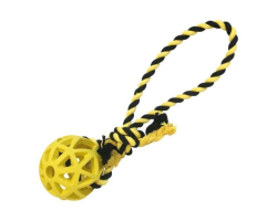 Jouet chien caoutchouc balle creuse 9cm avec corde 30cm - Gloria