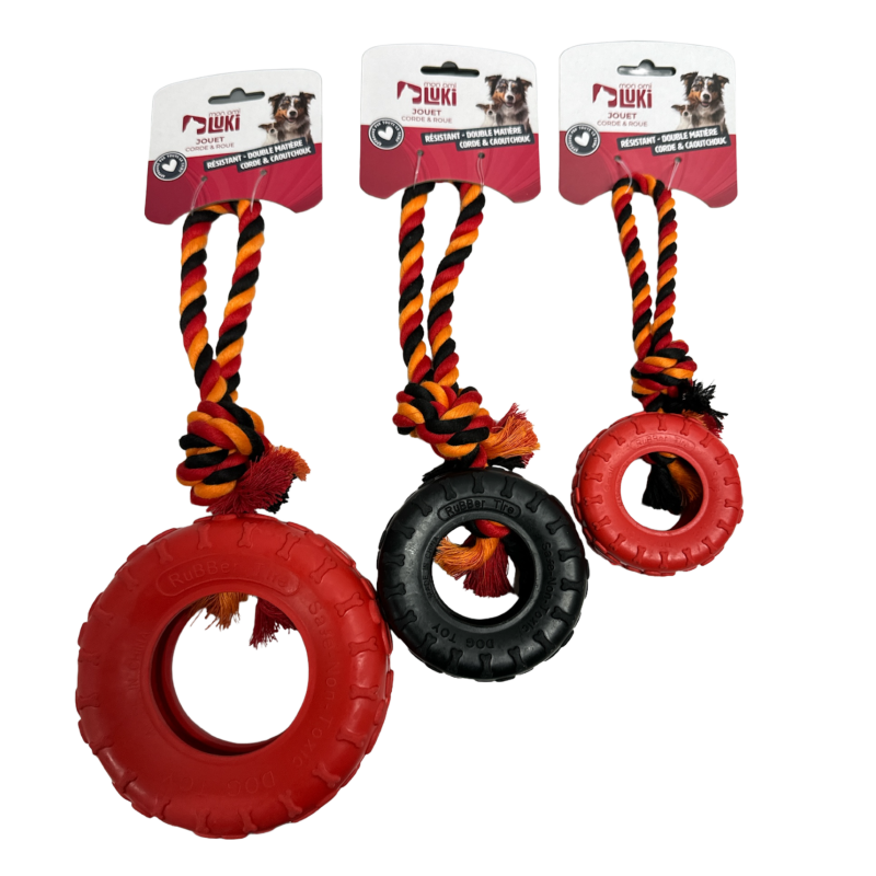 Jouet caoutchouc roue et corde pour chien - Disponible en plusieurs tailles