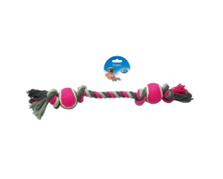 Corde en coton 4 nœuds et 2 balles de tennis - Jouet pour chiens gris/rose