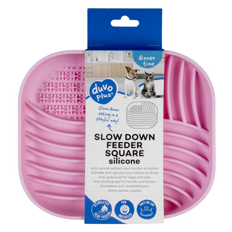 Bol anti-glouton carré en silicone rose pour chiens | Duvoplus