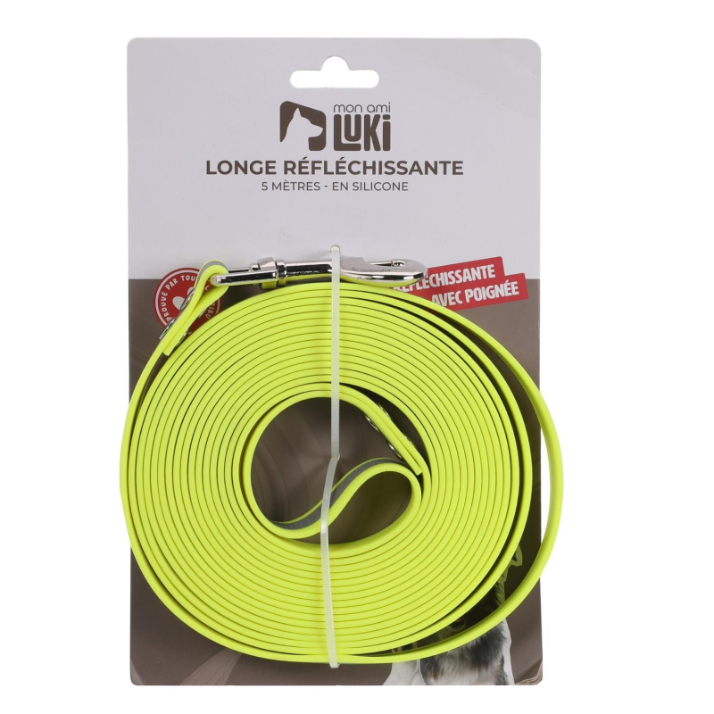 Longe réfléchissante silicone jaune fluo – 5m, sécurité et visibilité pour chiens