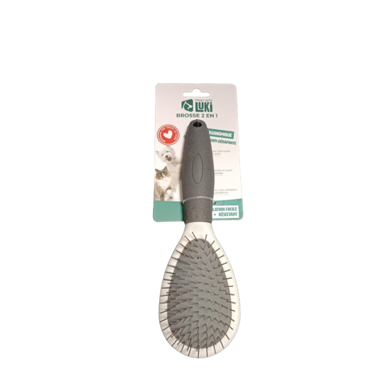 Brosse 2 en 1 avec manche rubber - Mon ami Luki pour chiens et chats