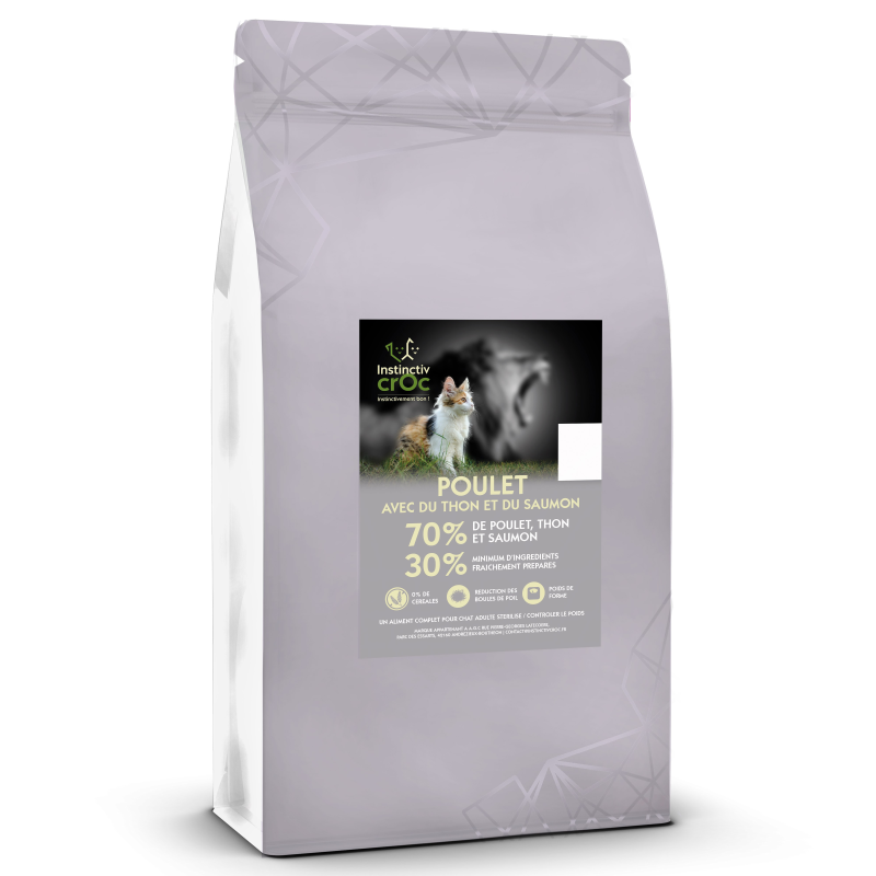 Croquettes sans céréales allégées au poulet, thon et saumon pour chat - Instinctiv crOc