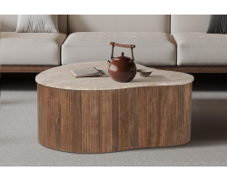 Table basse Paul 83 cm en bois de manguier et travertin beige - Meubles chic