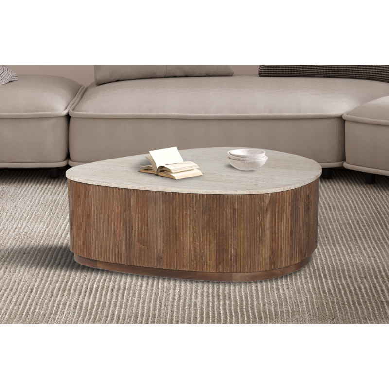 Table basse 'Nolan' 100 cm - Bois de manguier et Travertin Beige