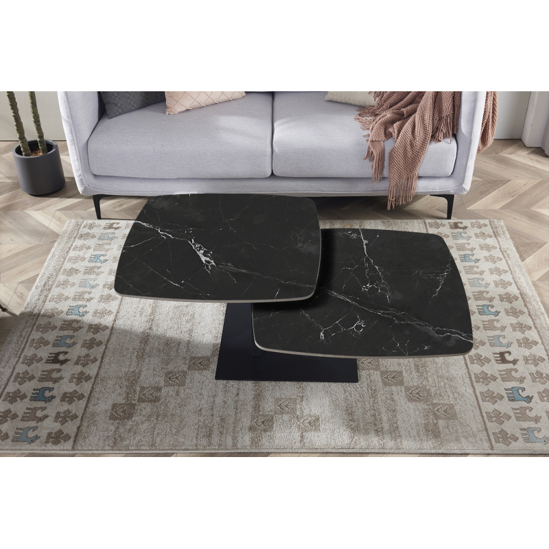 Table basse Sendai ronde rotative en pierre noire - Mobilier élégant