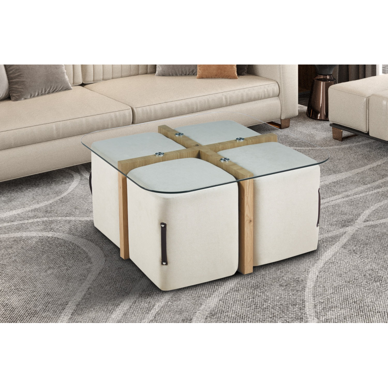 Table basse 'Shana' avec poufs - Élégance moderne en chêne vieilli