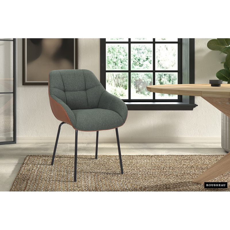 Chaise 'Sem' Tissu Vert et Dos PU Cognac - Mobilier Élégant