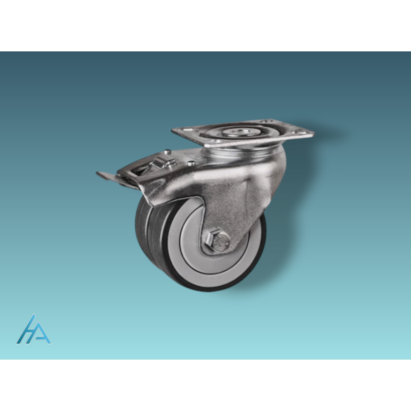 Roulette 50 mm jumelée pivotante avec frein - Caoutchouc gris