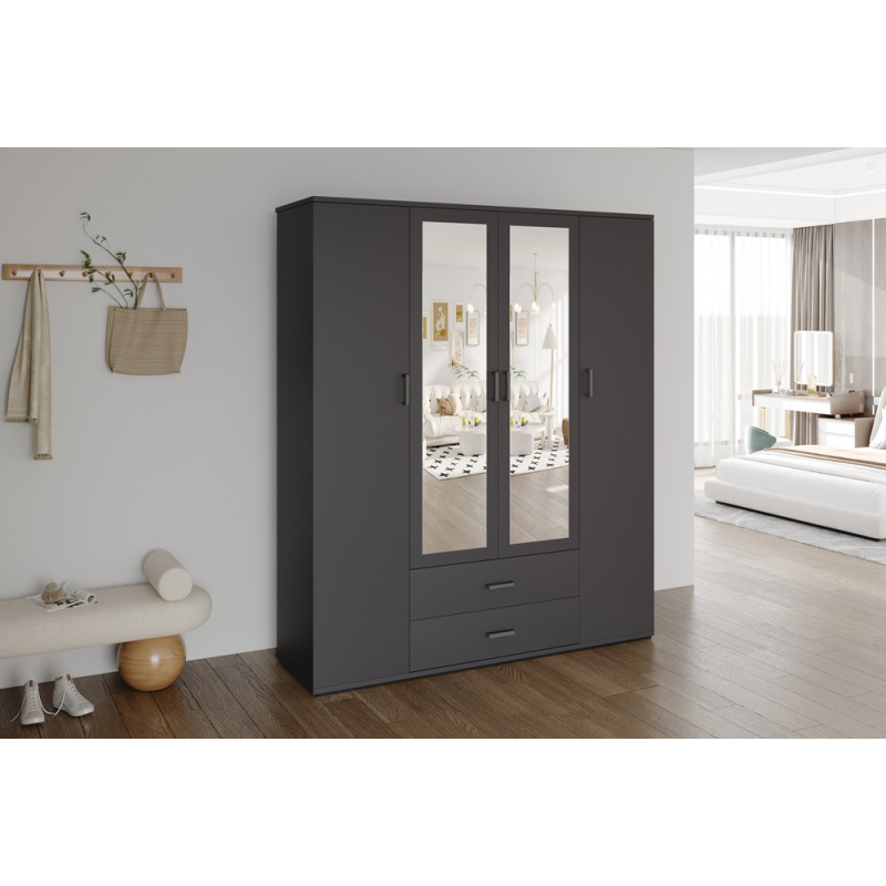 Armoire Marc 4 portes gris foncé avec miroirs - Meuble moderne