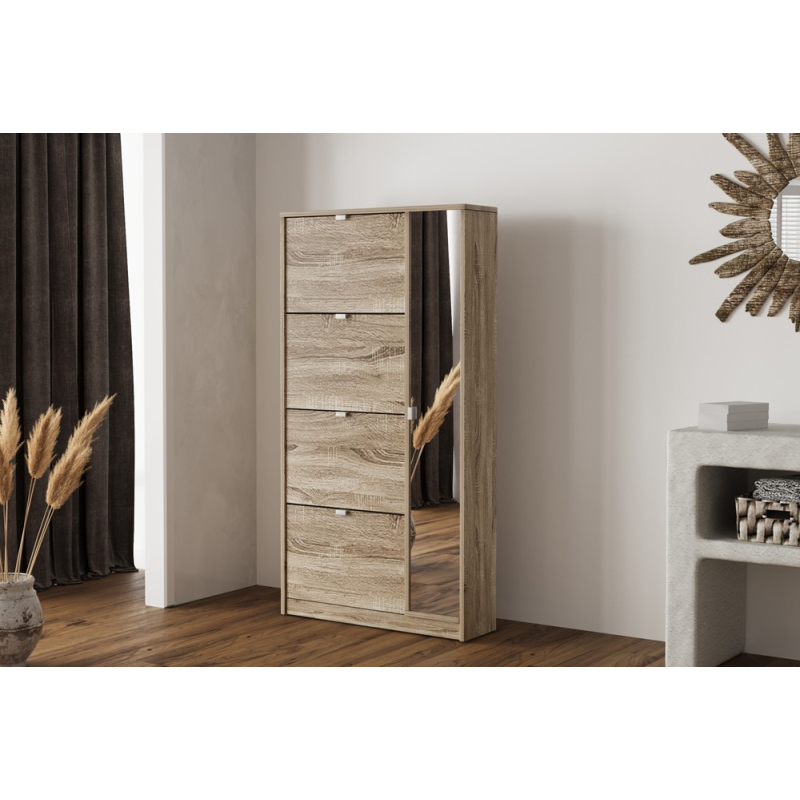 Rangement chaus. 'Marcel' : 4 tiroirs et porte miroir décor Sonoma