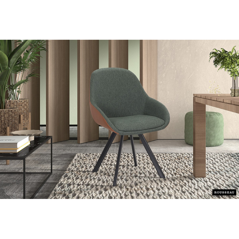 Chaise 'Jan' Tissus Vert et Dos PU Cognac - Meuble Élégant