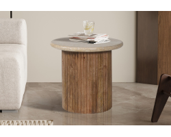 Table d'appoint Louis 50 cm en bois de manguier et travertin beige - Meubles