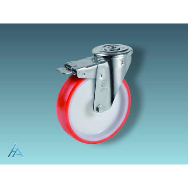 Roulette diamètre 80 mm pivotante frein à billes polyuréthane rouge - 130 Kg