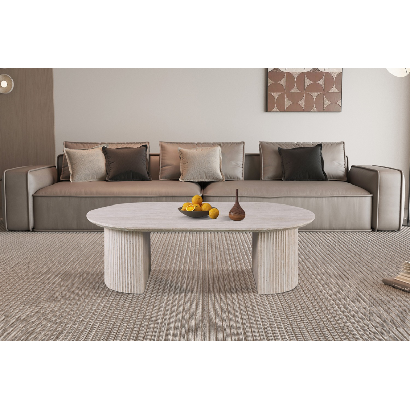 Table basse 'Lagos' 120 cm ovale décor travertin beige - Mobilier élégant