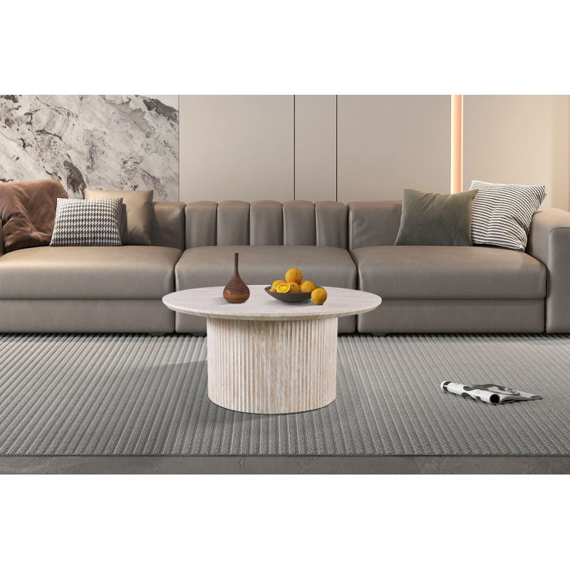 Table basse 'Lagos' 80 cm Ronde Décor Travertin Beige - Meubles Design