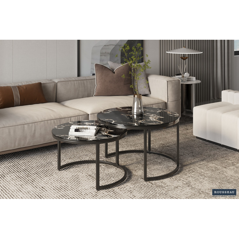 Table basse 'Nazaro' set de 2 en composite marbre noir - Élégance moderne