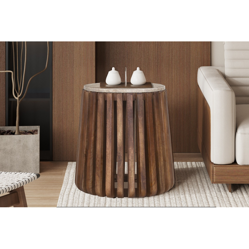 Table d'appoint 'Luuk' 40 cm Bois de manguier avec Travertin Rond Beige